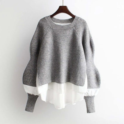 Women's Patchwork Textured Knit Lantern Sleeve Casual Streetwear Sweater