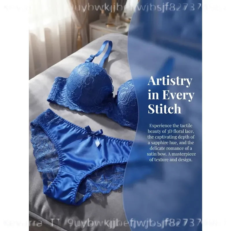 Cobalt Blue Floral Lace Contour Push-Up Bra and Matching Hipster Panty Set