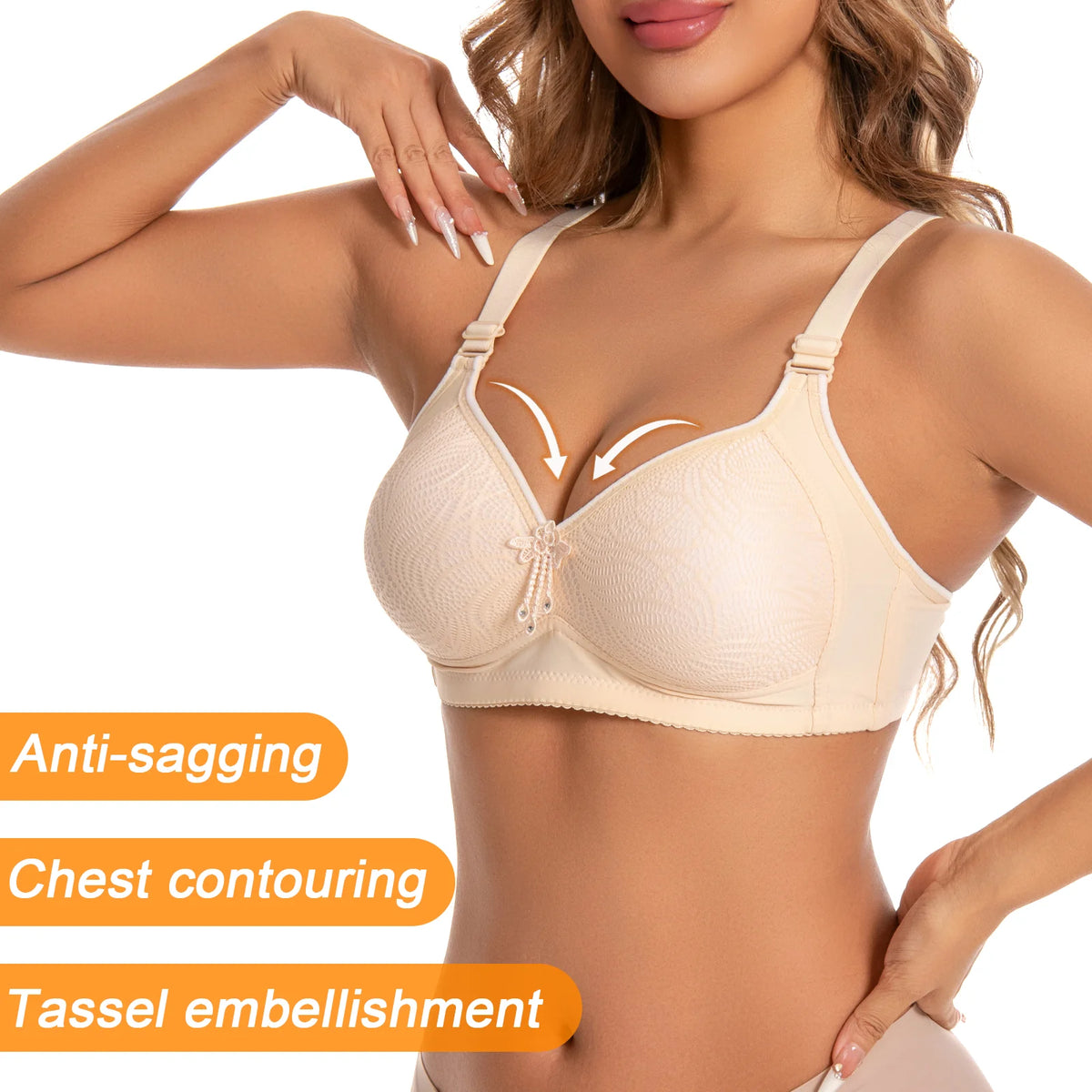 Six-Piece Wire-Free T-Shirt Bra Set with Lace Trim and Center Tassel