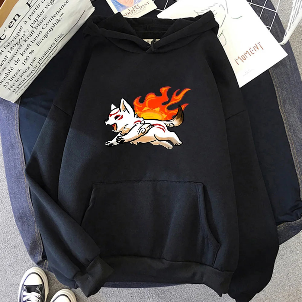 Oversized Anime Streetwear Hoodie with Flame Fox Manga Artwork