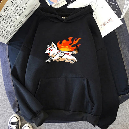 Oversized Anime Streetwear Hoodie with Flame Fox Manga Artwork