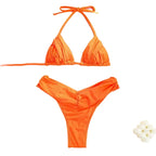 Bright Orange Halter Triangle Bikini with Ruched Bottom Detailing
