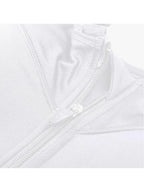 White Athletic Front-Zip Sports Bra with Contrast Black Trim and Scoop Neckline