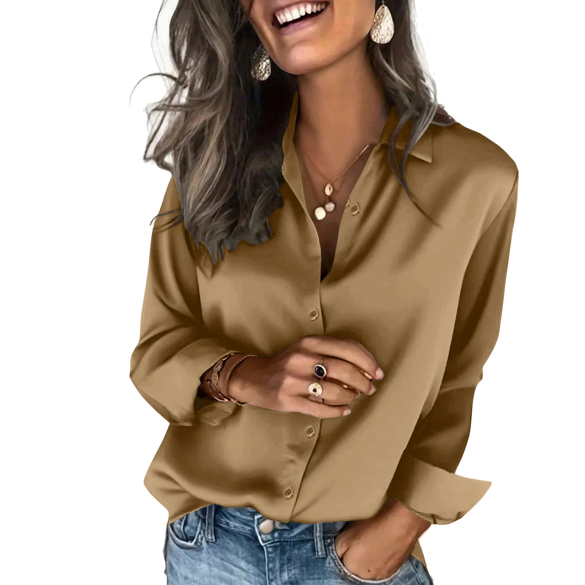 Classic Solid Black Satin-Finish Button-Down Blouse with Straight Silhouette
