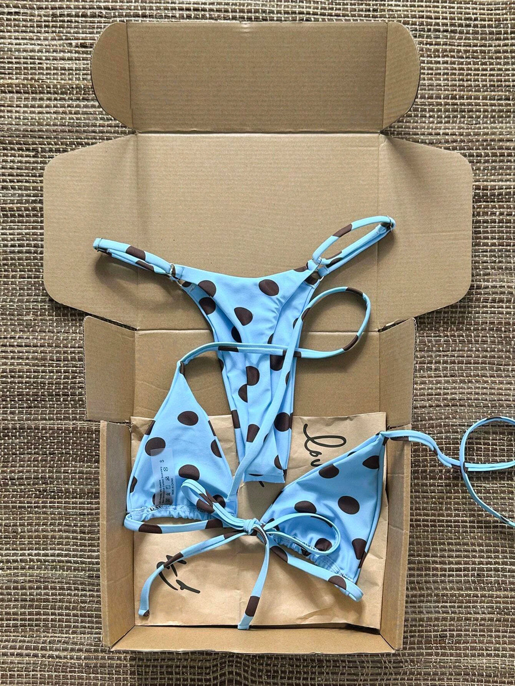 Light Blue and Brown Polka Dot Classic Tie-Side String Bikini Set
