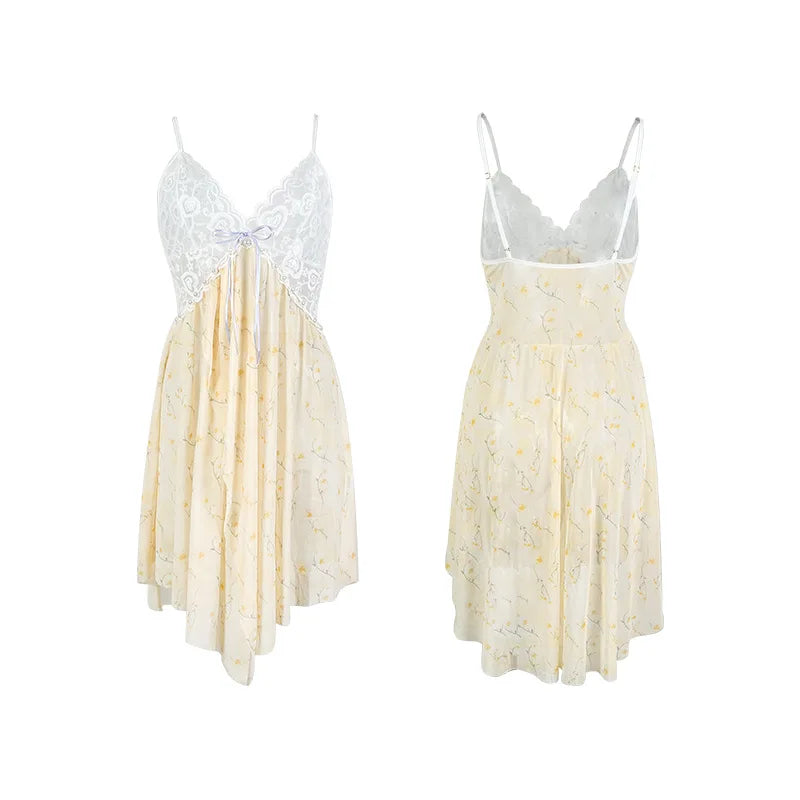 Ethereal Sheer Floral Babydoll Nightgown with Lace Bodice and Asymmetrical Hem