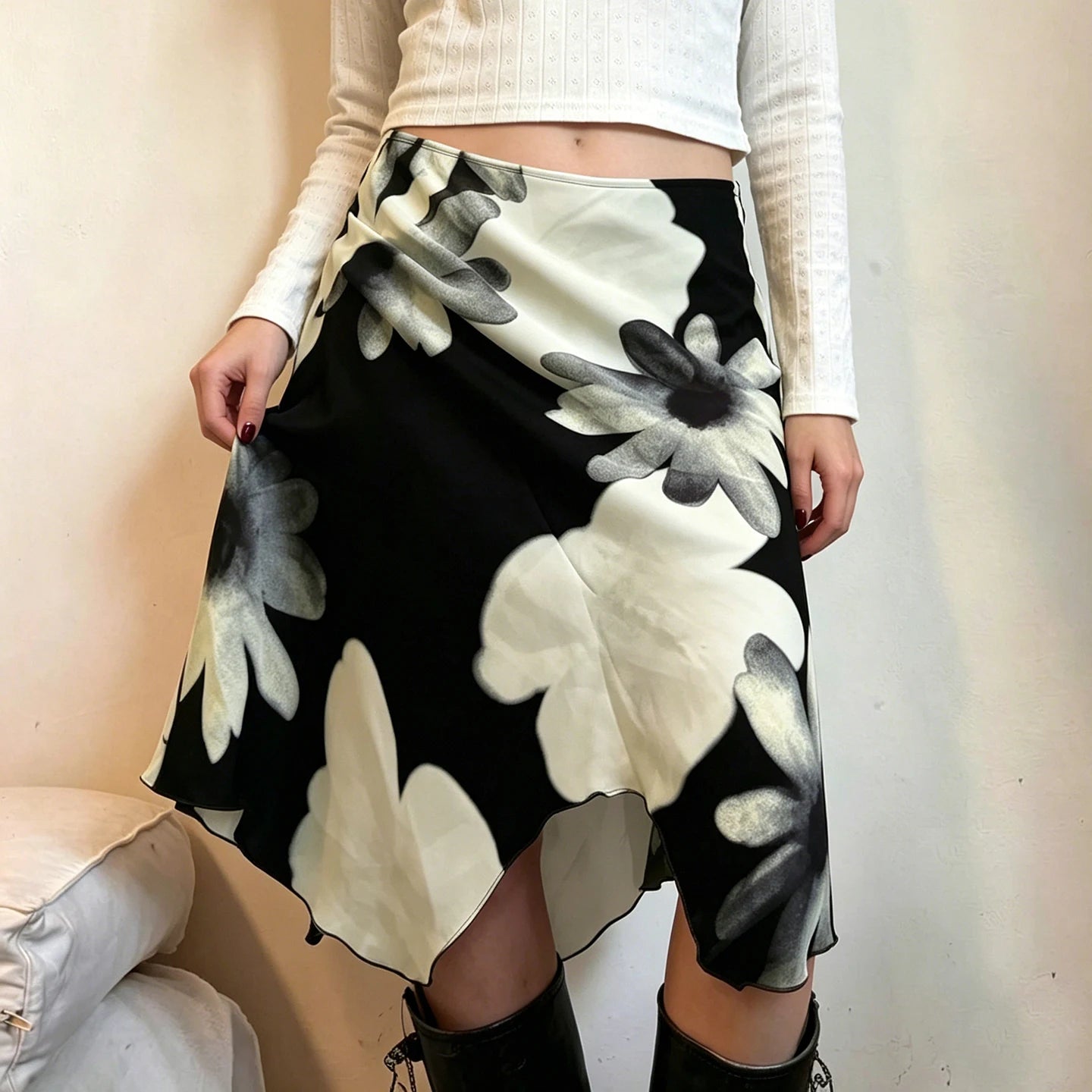Low Rise Asymmetrical Floral Mesh Midi Skirt with Soft Pleats
