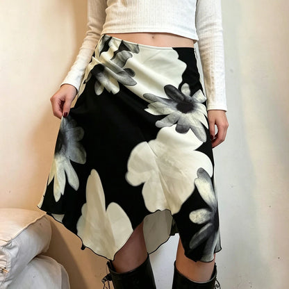 Low Rise Asymmetrical Floral Mesh Midi Skirt with Soft Pleats