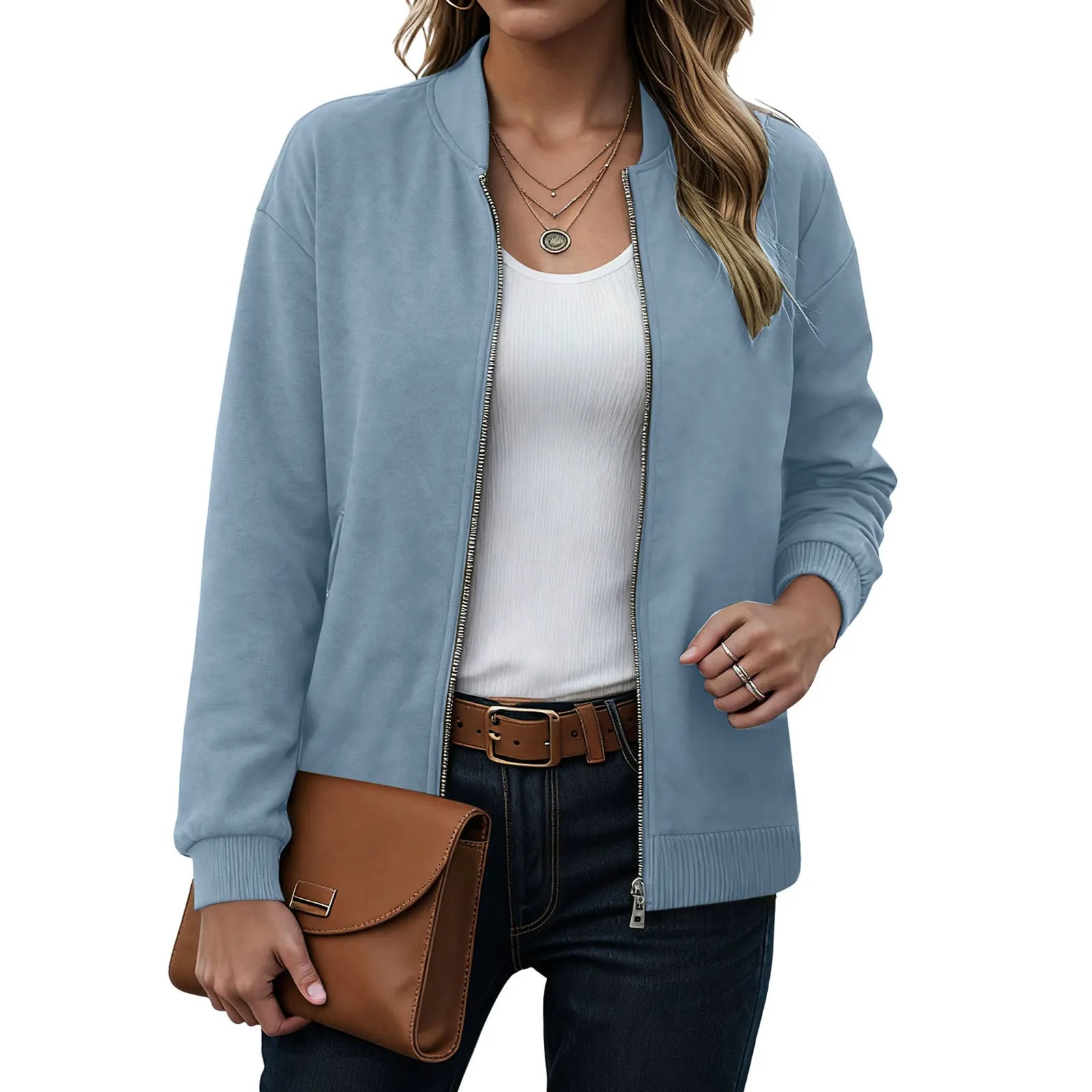 Women's Minimalist Zip Front Faux Suede Bomber Jacket for Contemporary Streetwear