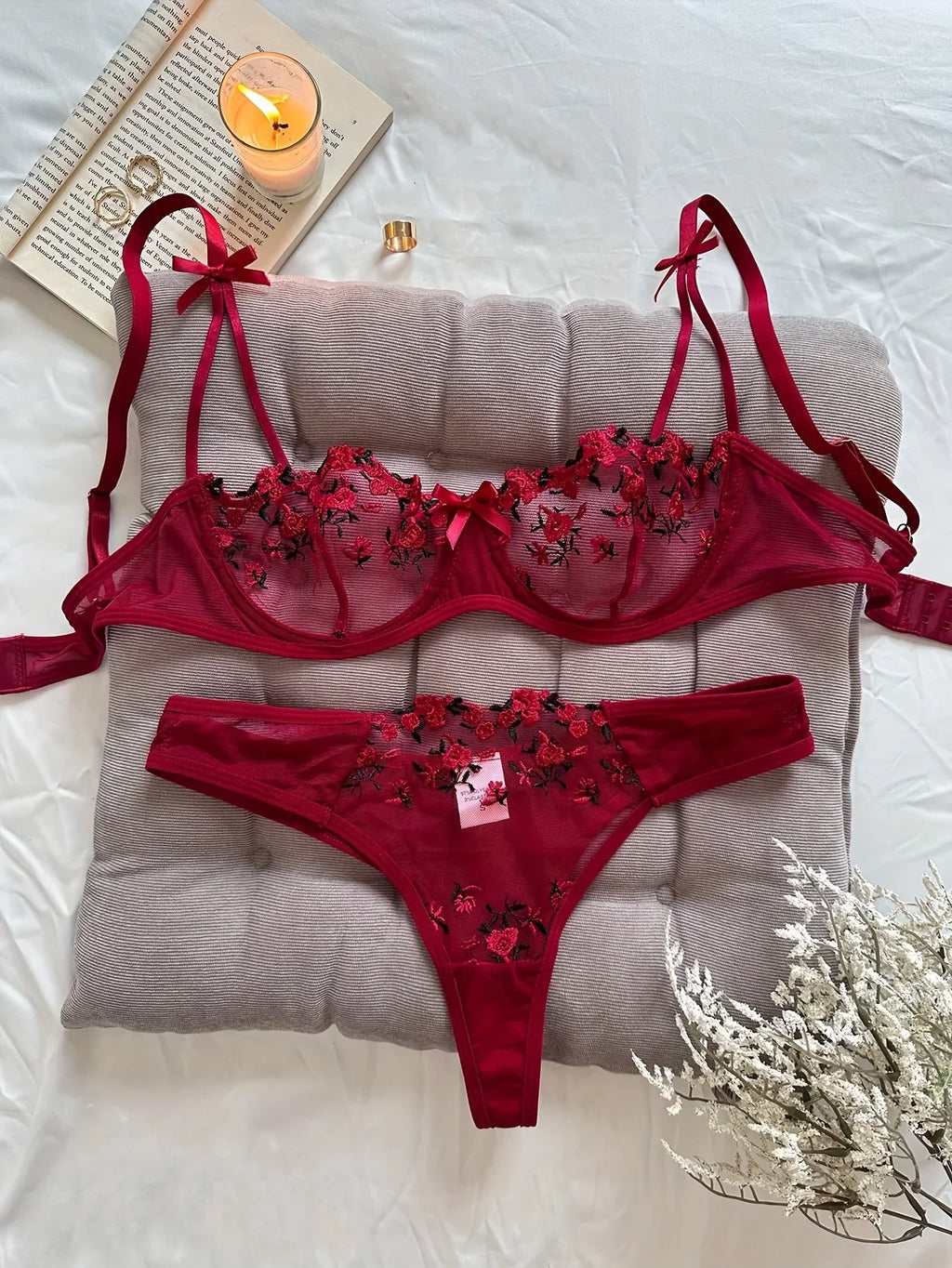 Vibrant Floral Rose Embroidery Sheer Underwire Lingerie Set