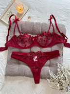 Vibrant Floral Rose Embroidery Sheer Underwire Lingerie Set