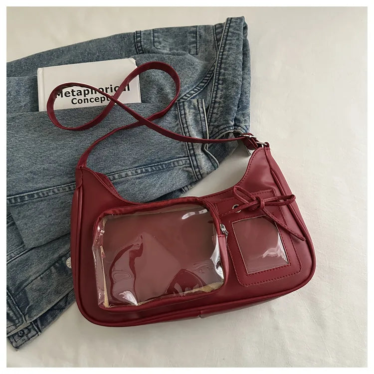 Structured Display Window Shoulder Bag with Zip Closure Design