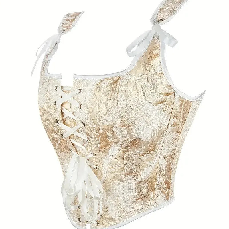 Black and Gold Botanical Jacquard Bustier Top with Ribbon Tie Details