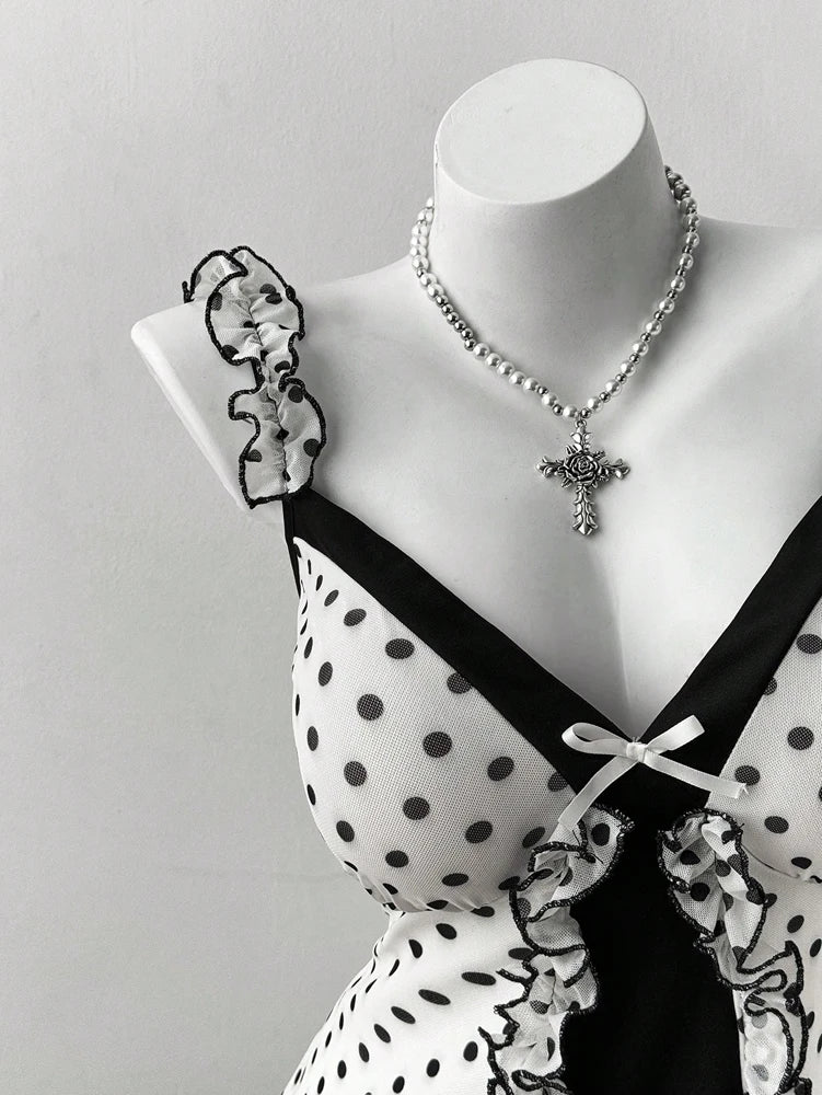 Vintage Polka Dot Gothic Mini Dress with Dark Coquette Aesthetic