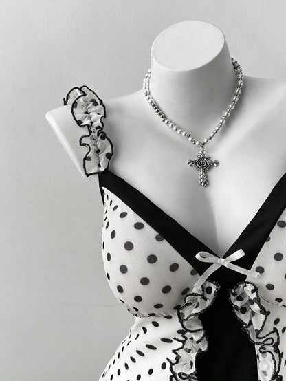 Vintage Polka Dot Gothic Mini Dress with Dark Coquette Aesthetic