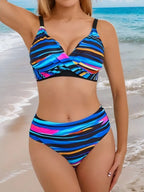 Vibrant Striped Wrap-Front Swim Set with High-Waisted Ruffled Skirt