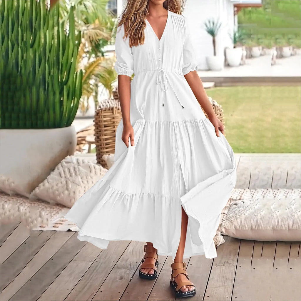 Tiered Drawstring Maxi Dress with Relaxed Flowing Contemporary Silhouette