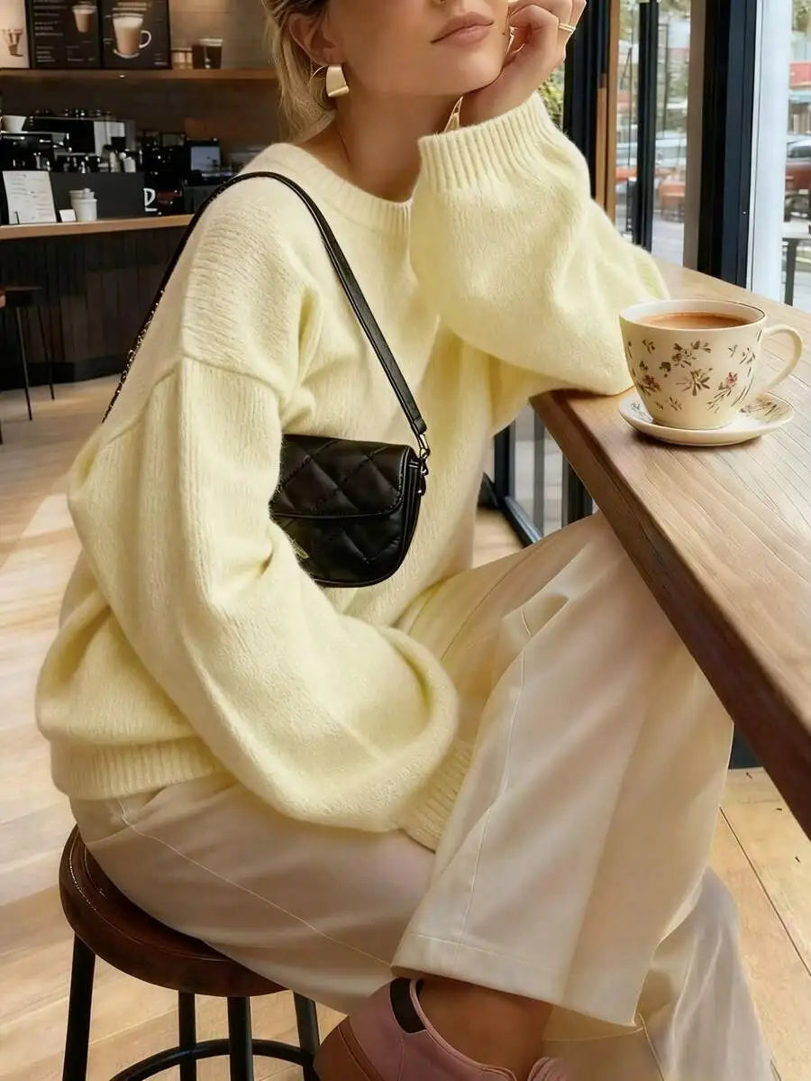 Women's Minimalist Crew Neck Knit Sweater with Relaxed Long Sleeve Silhouette