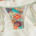 Bohemian Paisley Print String Bikini with Beaded Tie Details