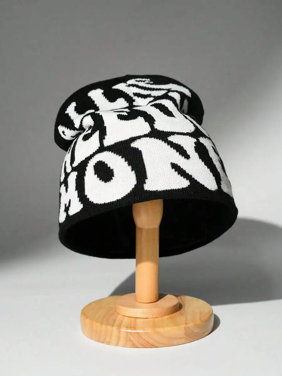 Typography Graphic Acrylic Knit Beanie for Contemporary Streetwear Winter Casual Everyday Fashion Style