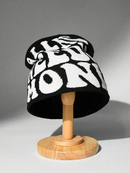 Typography Graphic Acrylic Knit Beanie for Contemporary Streetwear Winter Casual Everyday Fashion Style