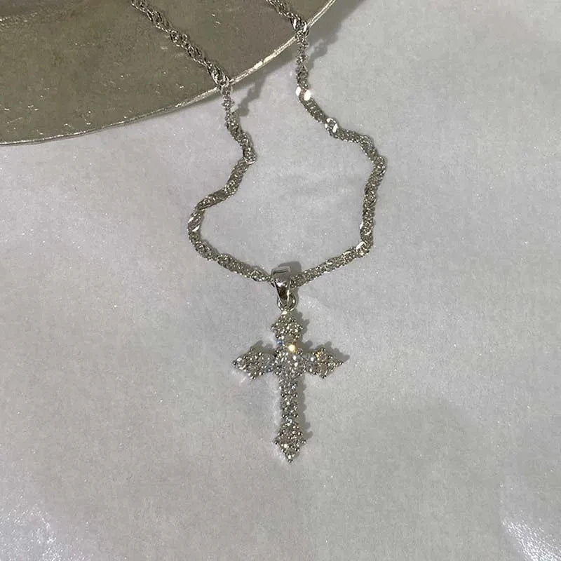 Crystal Cross Pendant Necklace for Gothic Dark Feminine and Y2K Styling