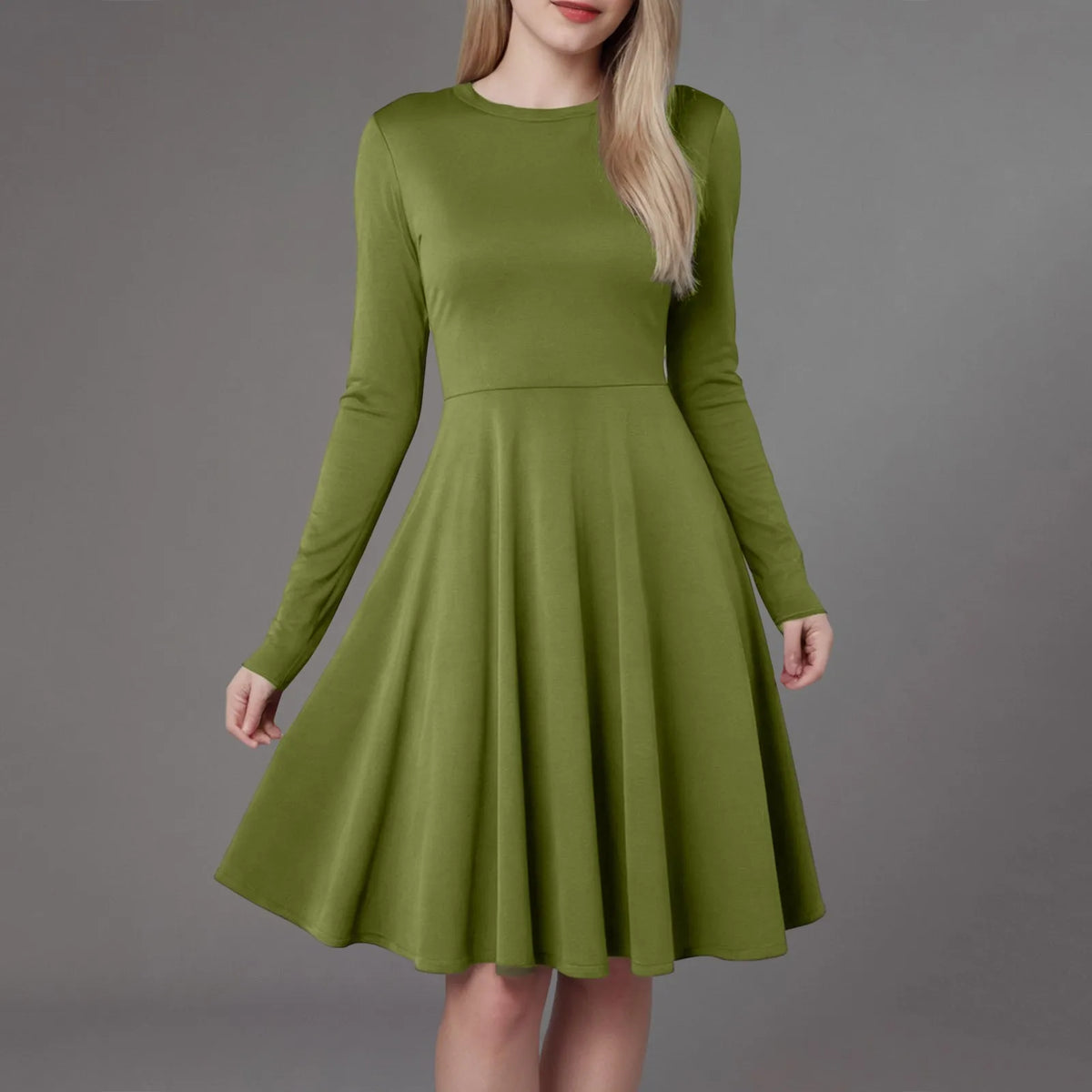 Elegant Solid Color Long-Sleeve A-Line Dress with High Waistline