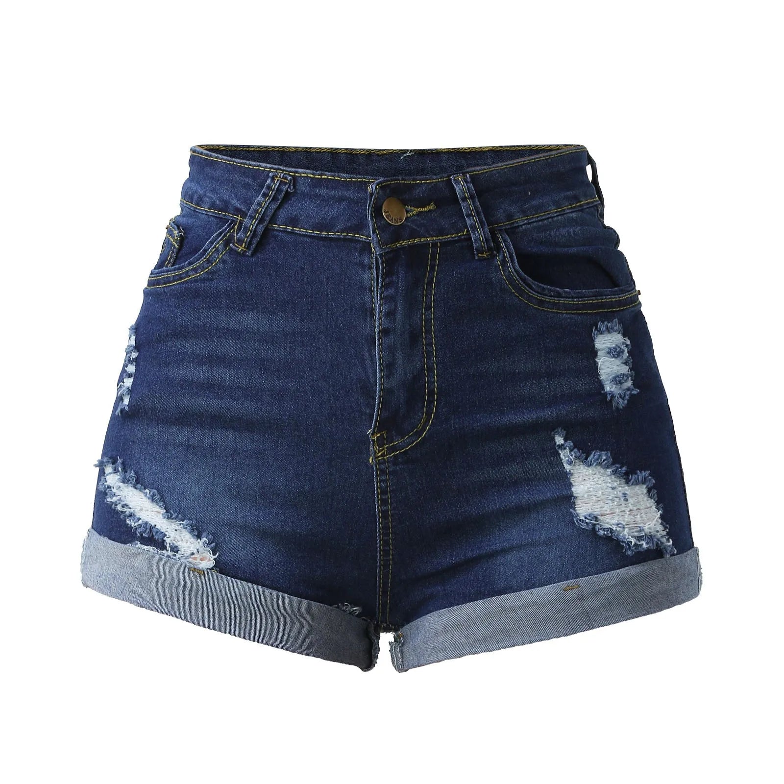 Women's High Waist Cotton Denim Shorts with Distressed Details and Classic Everyday Fit
