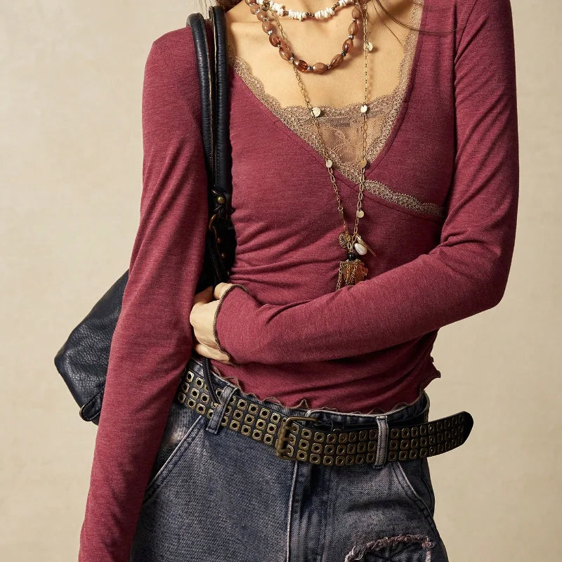 Lace Trim Wrap Crop Top with Deep Neckline and Layered Styling