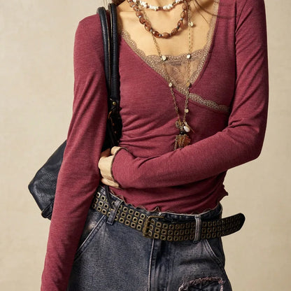 Lace Trim Wrap Crop Top with Deep Neckline and Layered Styling