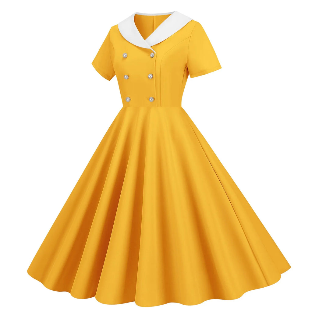 Vintage-Inspired Yellow Swing Dress with Contrast Collar and Decorative Buttons