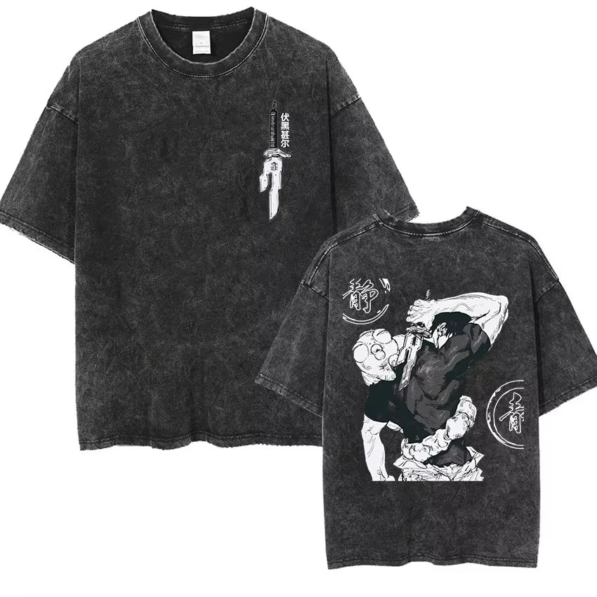 Vintage Washed Anime Goth Graphic Streetwear Tee with Manga-Inspired Illustration
