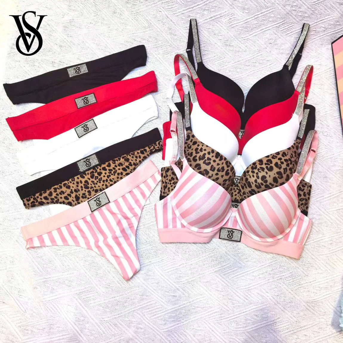 Embellished Script Strap Push-Up Bra and Coordinated Thong Set