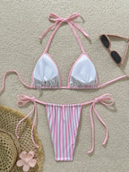 Pastel Pink and White Striped Triangle String Bikini