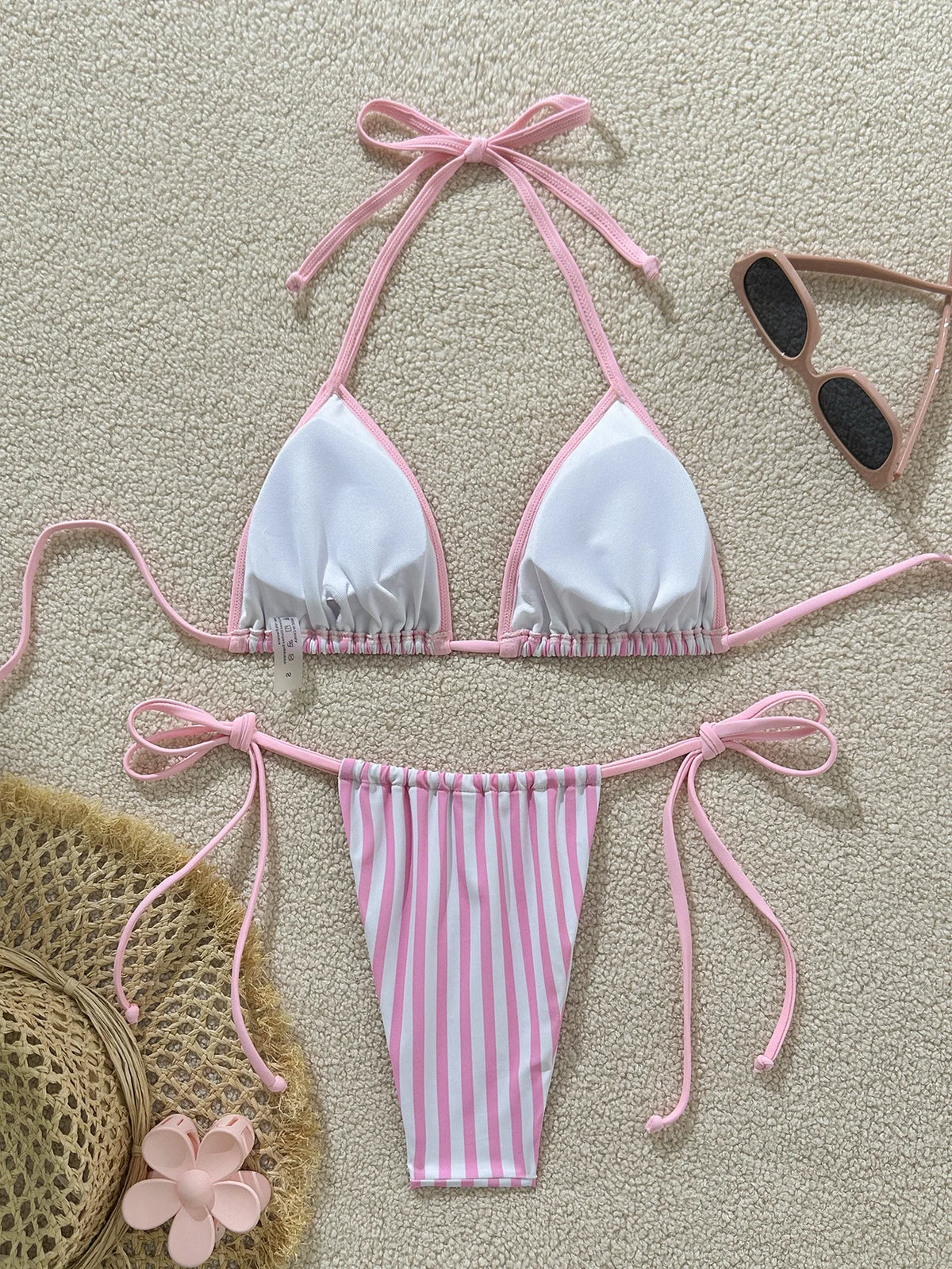 Pastel Pink and White Striped Triangle String Bikini