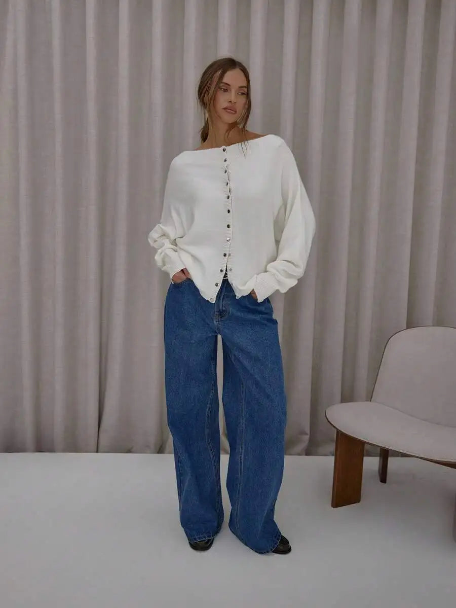 Women's Button Front Batwing Sleeve Relaxed Fit Knit Cardigan