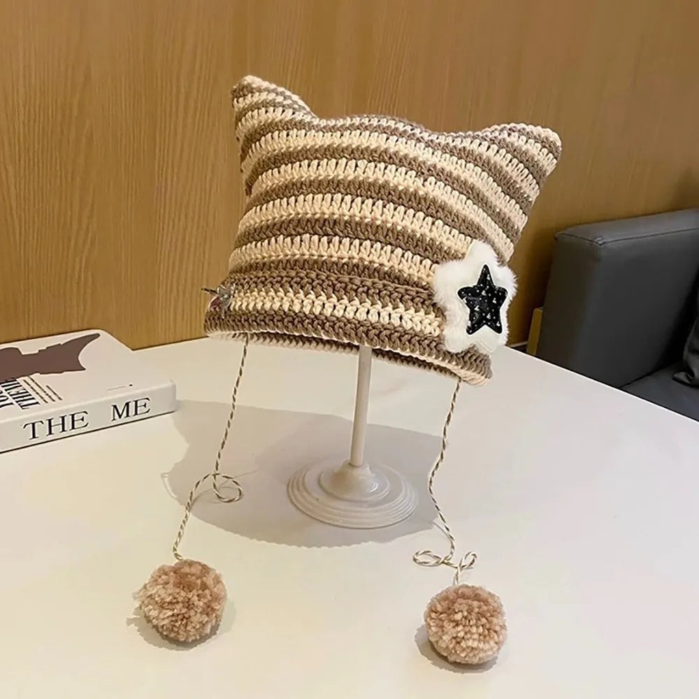 Striped Pointed Knit Beanie with Ear Accents for Playful Streetwear Winter Fashion Style