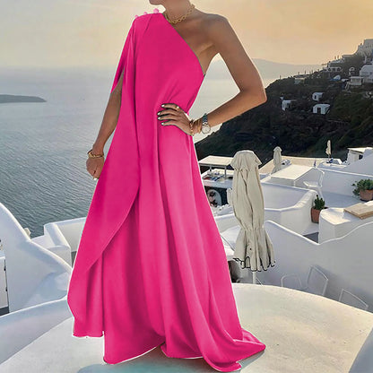One Shoulder Pleated Maxi Dress with Relaxed Bohemian Silhouette