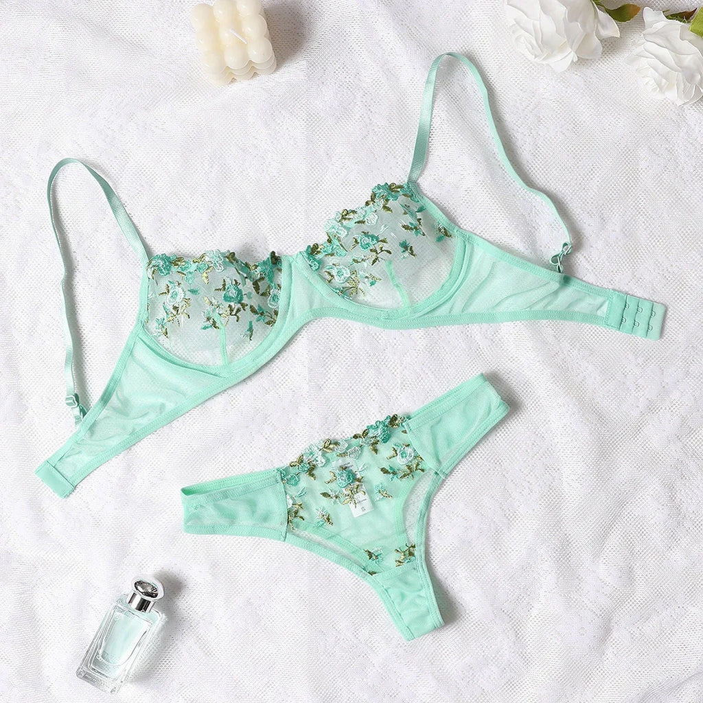Purple Floral Embroidered Lingerie Set with Detailed Underwire Bra and Matching Brief