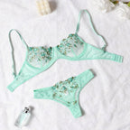 Purple Floral Embroidered Lingerie Set with Detailed Underwire Bra and Matching Brief