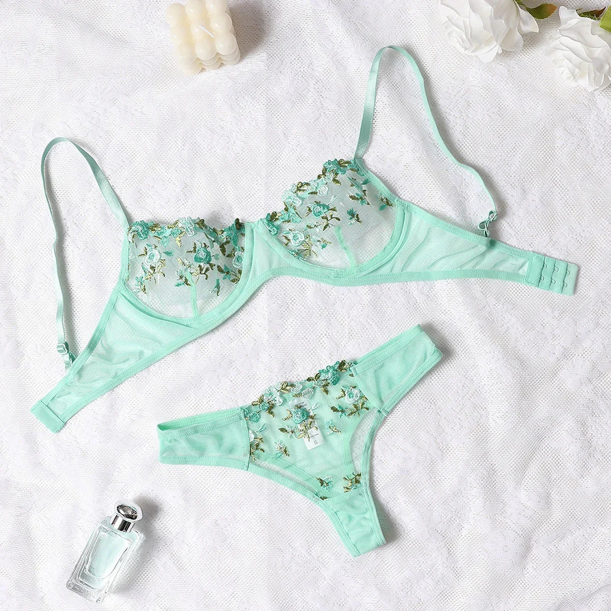 Ethereal Violet Sheer Mesh and Floral Embroidered Underwire Bra Set