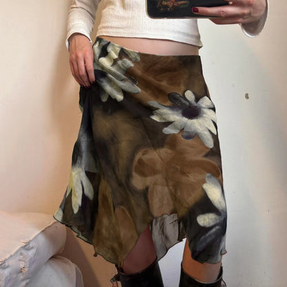 Low Rise Asymmetrical Floral Mesh Midi Skirt with Soft Pleats