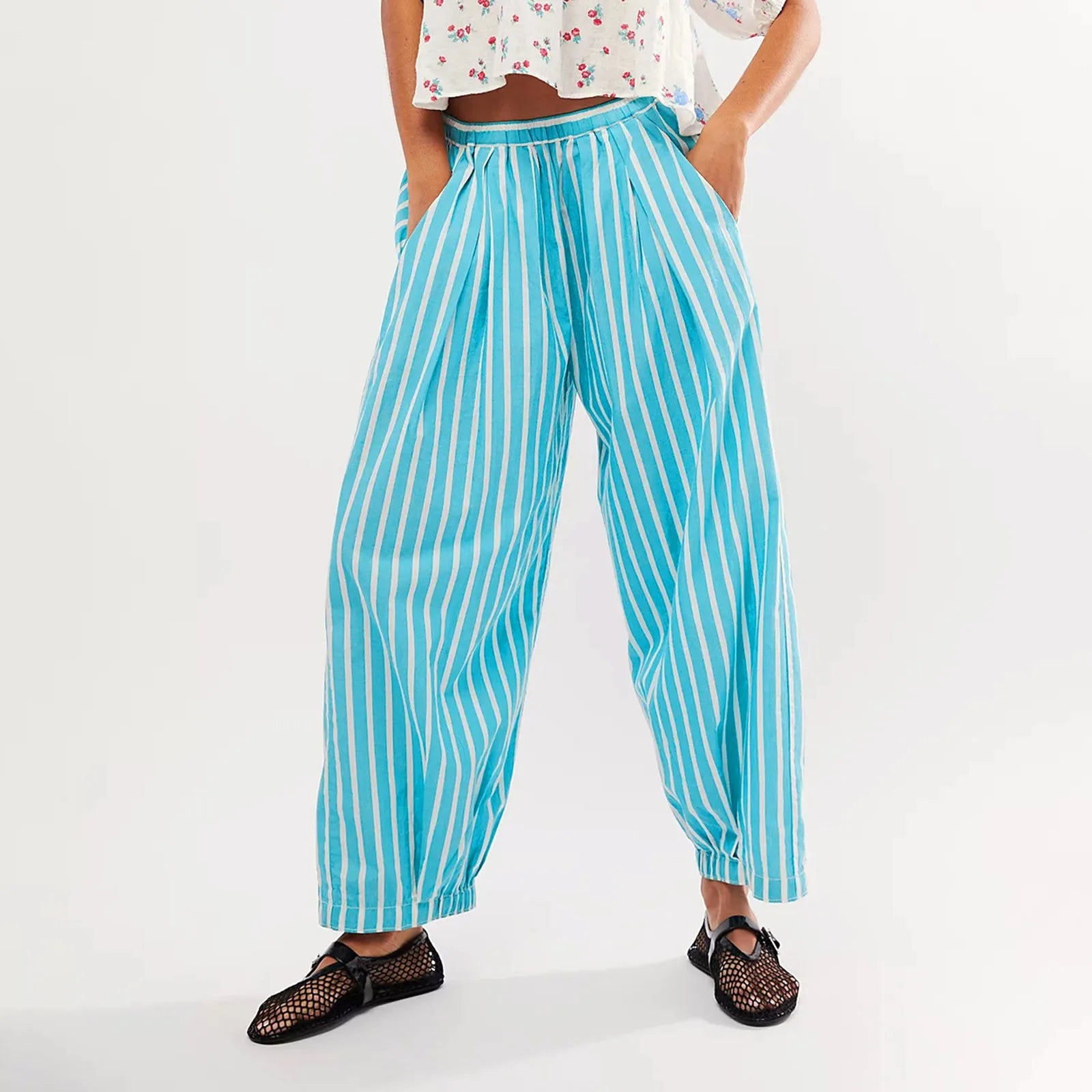 Women's Relaxed Striped Harem Pants with Elastic Waist and Casual Streetwear Fit