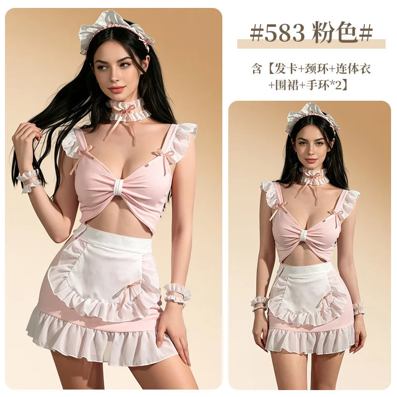 Playful Black and White Ruffled Maid Cosplay Costume with Apron and Matching Accessories