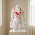 Sheer White Nurse-Inspired Babydoll Lingerie Set with Red Contrast Trim and Cross Accents