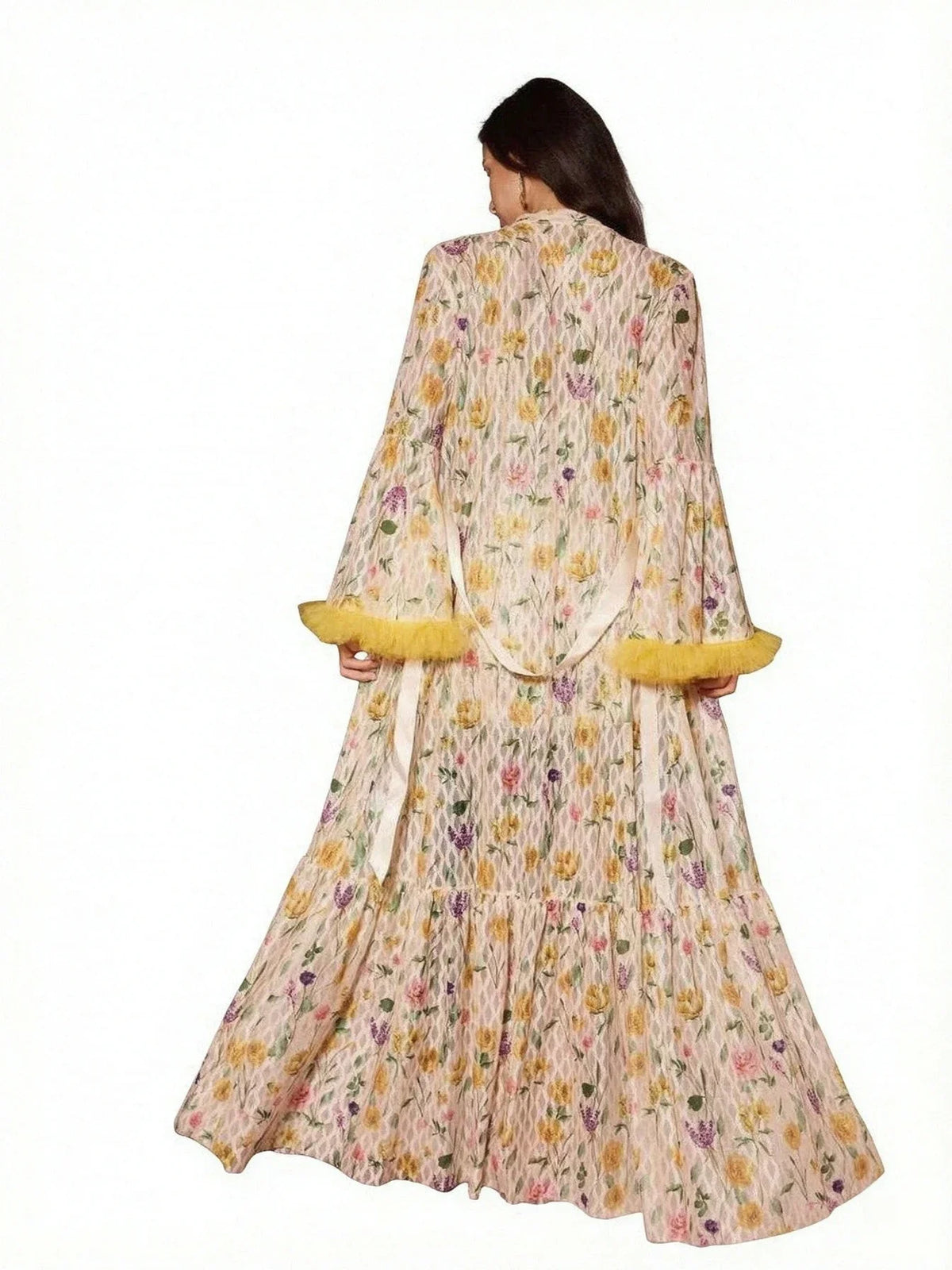 Floral Print Flowing Layered Robe Set with Contrast Trim and Waist Tie