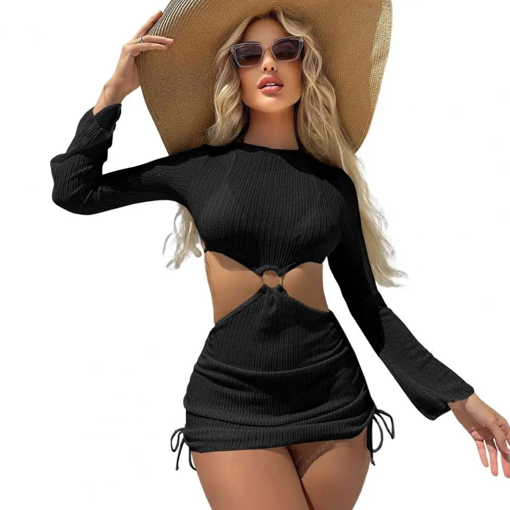 Three-Piece Crisp White String Bikini Set with Sheer Mesh Long-Sleeve Cover-Up