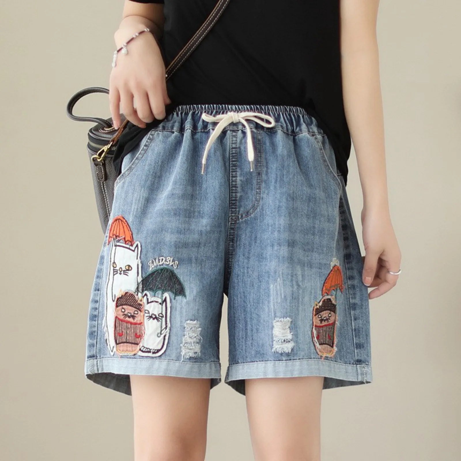 Women's Relaxed Denim Shorts with Drawstring Waist Embroidered Details and Casual Wide Leg Fit