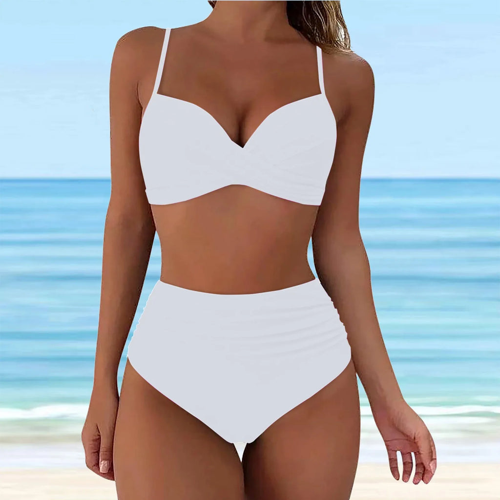 Emerald Green Cross-Front Bikini Set with Ruched High-Waisted Bottoms