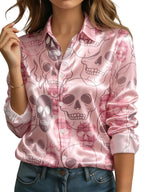 Pink Satin-Finish Skull and Floral Print Button-Down Blouse